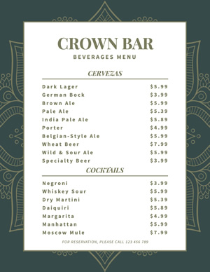 Bar Menu design