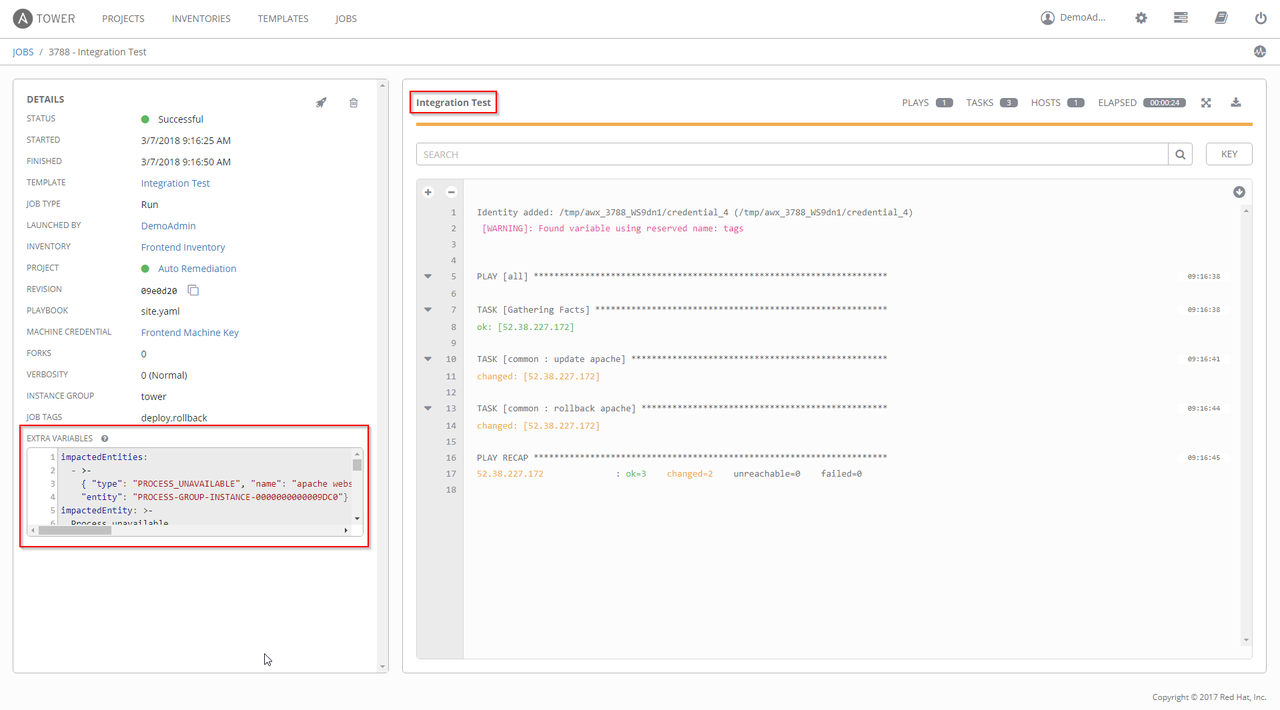 Dynatrace executes Ansible Tower job